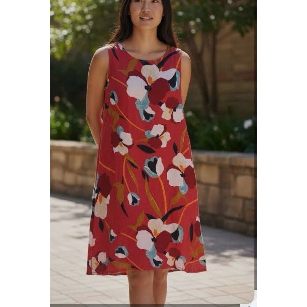 Sigrid Olsen Linen Shift Dress Womens 2X Red Colorful Floral Pockets Vacation